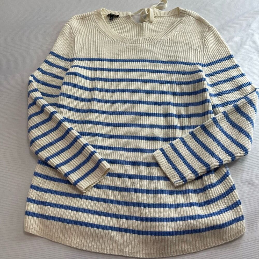 Talbots Womens MP Medium Petite Sweater Top White Blue Stripe Cotton Woven